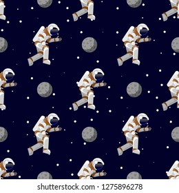 Space print. Seamless pattern Flat Funny flying astronaut in space with stars and moon.