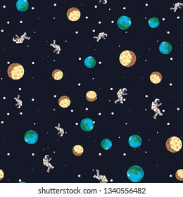 Space print. Seamless pattern Flat Funny flying astronaut in space with Earth and moon.