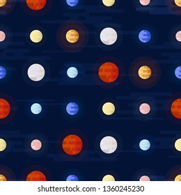 Space print. Seamless vector pattern. Different colored planets of the Solar system. Universe, outer space flat design illustration