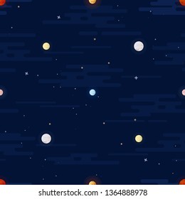 Space print Seamless vector pattern. Different planets of the Solar system and stars on a dark night sky background. Universe, outer space flat design