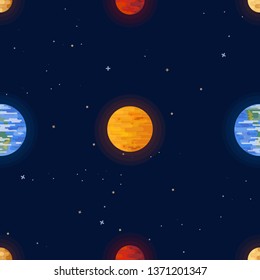 Space print. Seamless vector pattern. Colored planets and stars on a dark night sky background. Universe, outer space flat design illustration