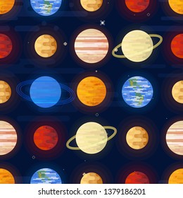 Space print. Seamless vector pattern. Planets of the Solar system on a dark background. Universe, outer space flat design illustration
