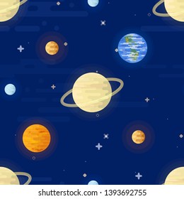 Space print Seamless vector pattern. Different planets of the Solar system and stars on a dark night sky background. Universe, outer space flat design