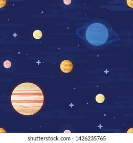 Space print Seamless vector pattern. Different planets of the Solar system and stars on a dark night sky background. Universe, outer space flat design