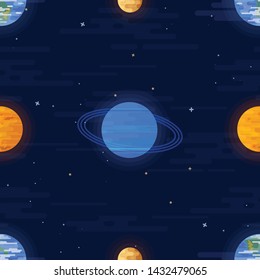 Space print. Seamless vector pattern. Different colored planets of the Solar system and stars on a dark night sky background. Universe, outer space flat design illustration