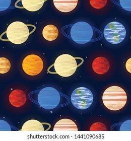 Space print. Seamless vector pattern. Planets of the Solar system on a dark background. Universe, outer space flat design illustration