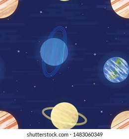 Space print. Seamless vector pattern. Abstracr Planets of the Solar system and stars on a dark night sky. Universe, outer space flat design illustration
