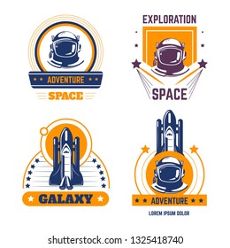 Space program galaxy isolated icon spaceship or rocket and stars vector cosmos exploration spacecraft start planets and shuttle interplanetary mission aeronautics scientific organization emblem set