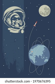 Space Propaganda Poster, Old Soviet Space Placards Stylization, Astronaut, Rocket, Earth and Moon Flight