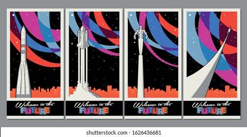 Space Propaganda Poster Set, Retro Future Placard Stylization, Color Mosaic Background 