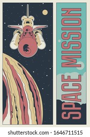 Space Propaganda Poster, Spaceship flight in Outer Space, Distant Platet, Stars