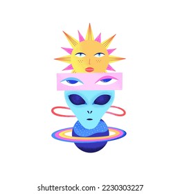 Space psychedelic composition of alien head, planet, sun, woman eyes isolated on white background. Contemporary Art. Cosmic surreal futuristic design. Cover of notebook, poster, print on t-shirt