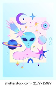 Space psychedelic poster with alien head, human body, planets, stars, comet, constellations and green background. Contemporary Art. Futuristic design. Vector illustration