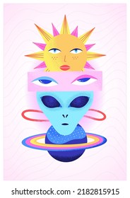 Space psychedelic poster with alien head, human eyes, plane, sun and pink background. Contemporary Art. Futuristic design. Vector illustration