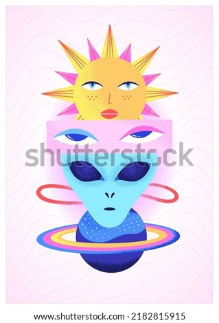 Space psychedelic poster with alien head, human eyes, plane, sun and pink background. Contemporary Art. Futuristic design. Vector illustration