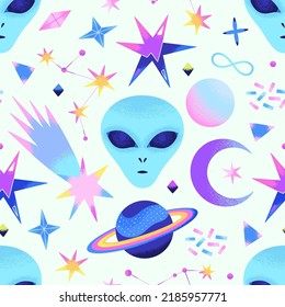 Space psychedelic seamless pattern with alien head, planets, stars and constellations on a light background. Futuristic surface design. Wrapping paper, wallpaper, textiles. Vector illustration