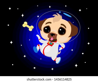 Space Pug illustration floating in outer space chasing his bone. Vector for print design.