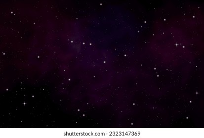 Fondo púrpura espacial con nebulosa realista y estrella brillante. Estrella de cosmos profunda. Cielo estelar realista con brillo azul. Estrellas brillantes en el cielo oscuro. Ilustración vectorial.	