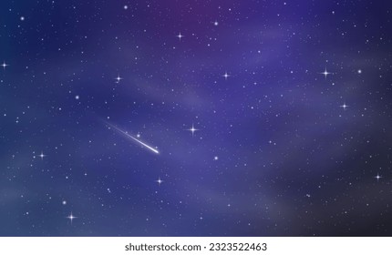 Space purple background with realistic nebula and glitter star. Deep cosmos stardust. Realistic starry sky with blue glow. Shining stars in the dark sky. Vector illustration.	