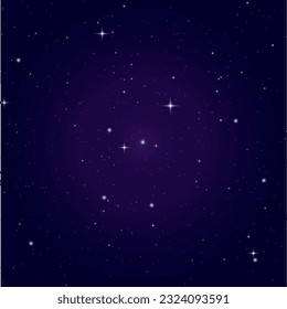 Fondo púrpura espacial con nebulosa realista y estrella brillante. Estrella de cosmos profunda. Cielo estelar realista con brillo azul. Estrellas brillantes en el cielo oscuro. Ilustración vectorial.	