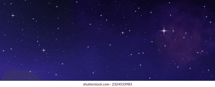 Space purple background with realistic nebula and glitter star. Deep cosmos stardust. Realistic starry sky with blue glow. Shining stars in the dark sky. Vector illustration.	