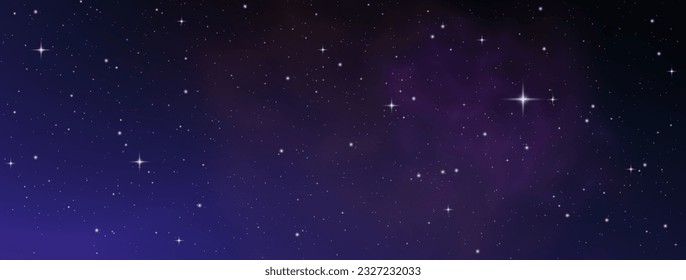 Space purple background with realistic nebula and glitter star. Deep cosmos stardust. Realistic starry sky with blue glow. Shining stars in the dark sky. Vector illustration.	