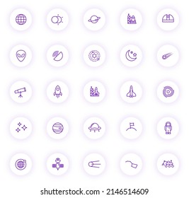 space purple color outline icons on light round buttons with purple shadow. space icon set for web, mobile apps, ui design and print