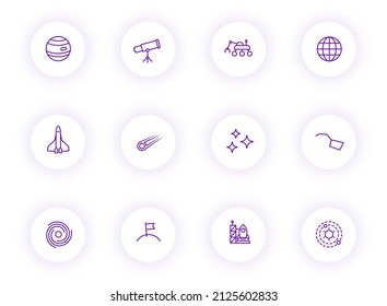 space purple color outline vector icons on light round buttons with purple shadow. space icon set for web, mobile apps, ui design and print