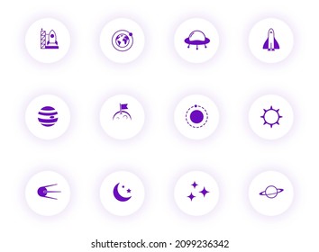 space purple color vector icons on light round buttons with purple shadow. space icon set for web, mobile apps, ui design and print