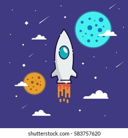 Space purple, rocket blasting with space background. flat design illustration