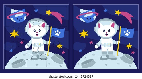 Space puzzle for children. White Cat in Spacesuit holds flag with footprint. Kitty shaped planet. Star galaxy. Conquest of Moon. Riddle for child. Color image. Flat style. Vector illustration