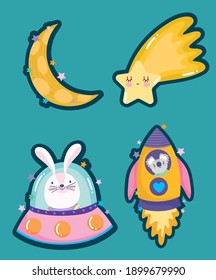 space rabbit and koala in rocket star and moon adventure explore animal cartoon icons vector illustration