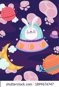 space rabbit in spaceship moon planets adventure explore animal cartoon vector illustration