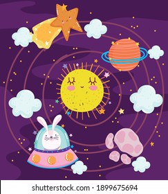 space rabbit in spaceship sun planets adventure explore animal cartoon vector illustration