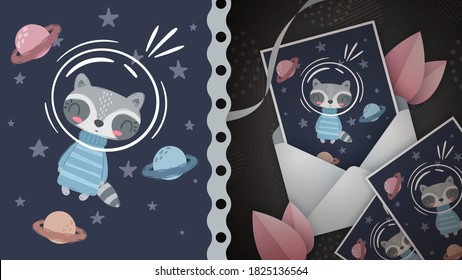 Space raccoon idea for greeting card