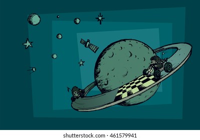 Space race.Two hedgehogs racing around imaginary planet.