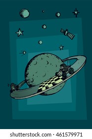 Space race.Two hedgehogs racing around imaginary planet.