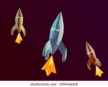 Space Race Rocket. Set of Silver, Gold, Bronze Rockets on Dark Isolated Background. Low Poly Vector 3D Rendering