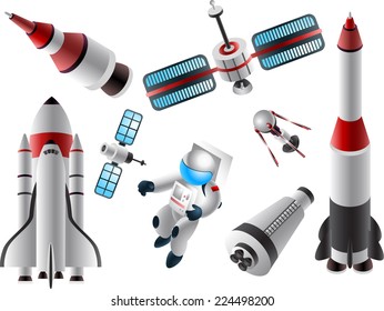 Space Race Rockets, Satellite And Space Ship Cartoon Icons