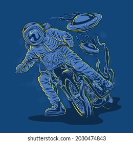 Space Racer astronauts riding motorcycle get chased by an UFO 