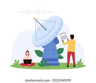 Space radar connection, telecommunication tower of astronomical observatory and mobile station. Tiny people control digital signal of satellite with parabolic antenna cartoon vector illustration