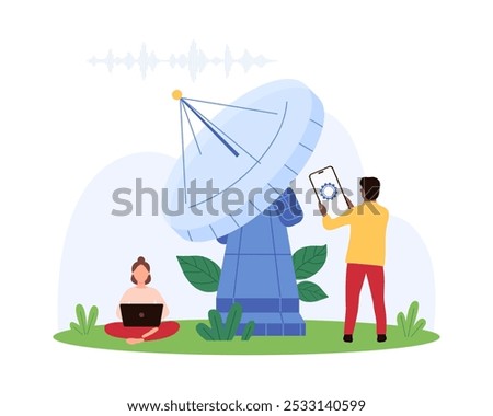 Space radar connection, telecommunication tower of astronomical observatory and mobile station. Tiny people control digital signal of satellite with parabolic antenna cartoon vector illustration