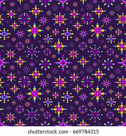 Space rainbow stars. 3D, cubes, pixel art, game style, digital decorative purple. Seamless pattern. Vector