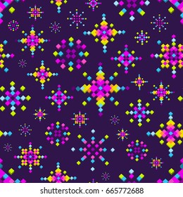 Space Rainbow Stars. 3D,cubes,pixel Art,game Style,digital Decorative Purple. Seamless Pattern For Wallpaper,textiles.Vector