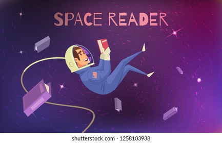 Space reading background with cosmonaut in spacesuit flat vector illustration