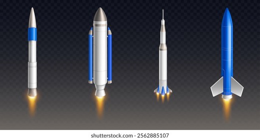 Space realistic spaceship collection with silver, white and blue missiles and glowing thrust flames. Different rocket with metallic bodies, pointed tips, stabilizing fins and engine exhaust effects.