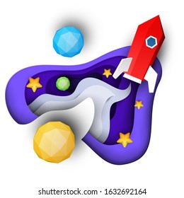 Space red rocket fly in cosmos with planet and stars. Science concept inspiration. Paper art cartoon 3d realistic trendy craft style. Modern origami design template. Funny cute vector illustration.