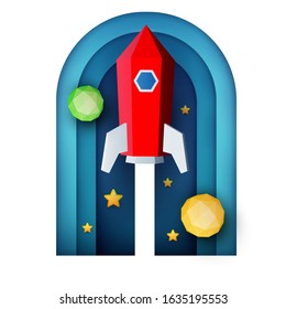 Space red rocket fly in cosmos with planet and stars. Science concept inspiration. Paper art cartoon 3d realistic trendy craft style. Modern origami design template. Funny cute vector illustration.