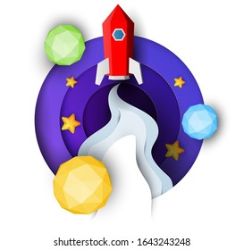 Los cohetes rojos espaciales vuelan en el cosmos con el planeta y las estrellas. Inspiración del concepto de ciencia. Dibujo de papel de 3d estilo artesano moderno y realista. Plantilla moderna de diseño de origami. Graciosa ilustración vectorial linda.
