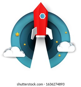 Space red rocket fly in sky with cloud and stars. Science concept inspiration. Paper art cartoon 3d realistic trendy craft style. Modern origami design template. Funny cute vector illustration.